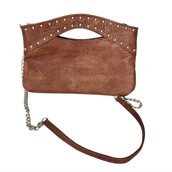 Aldo Chain Strap Studded Vegan Leather Cognac Brown Cutout Bag Crossbody - Picture 1 of 4